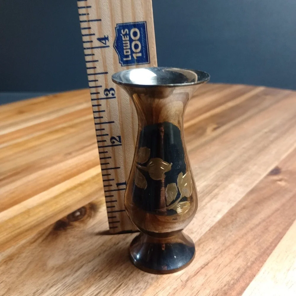 Vintage Brass Bud Vase Etched Intricate Floral‎ India 3